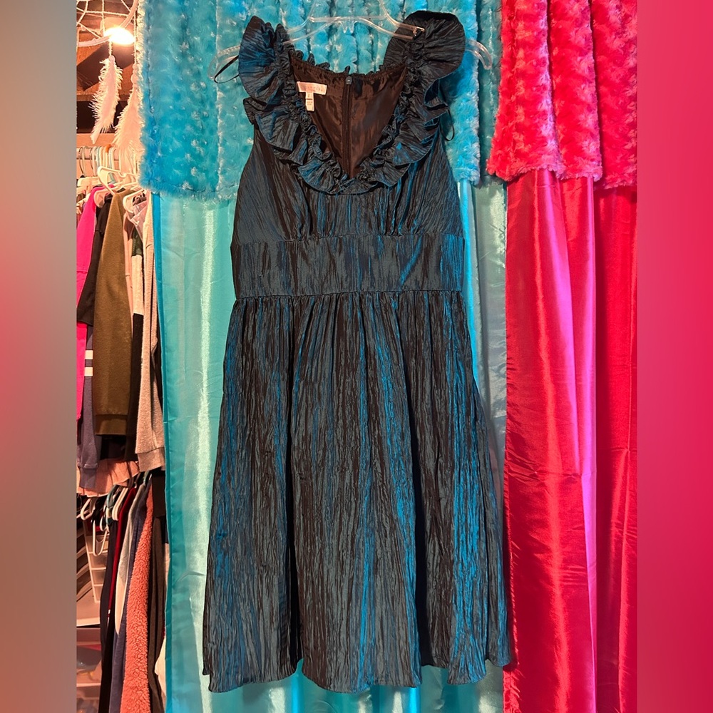 metallic teal dress